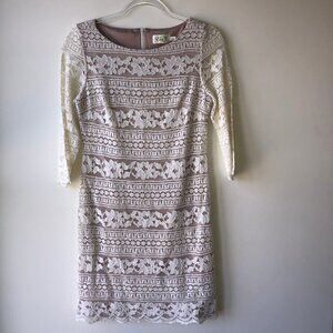 Eliza J Cream Lace Overlay 3/4 Sleeve Midi Shift Dress Size 6